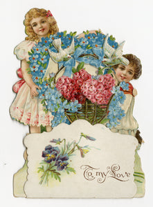Antique 1910's-1920's Popup VALENTINE, Children with Basket of Roses || "To My Love"