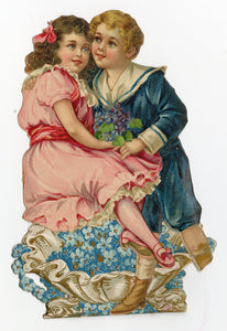 Antique Embossed Stand-Up VALENTINE || Boy and Girl Atop Clamshell