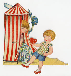 Antique MECHANICAL 1920's-1930's Bathing Beauty, Tent VALENTINE || "You Will Always be Con-tend-ed, Dearie"