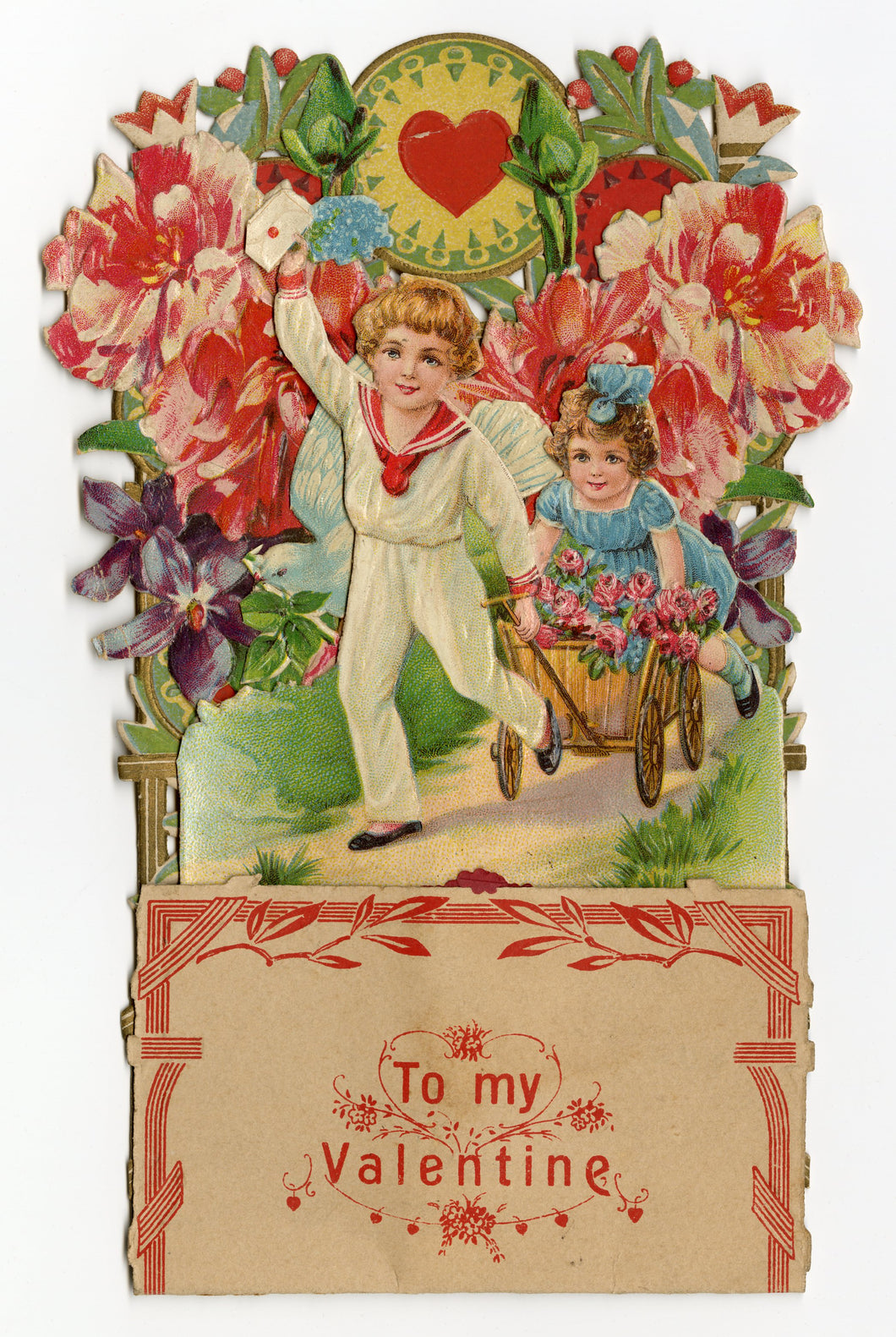 Antique POPUP 1920's VALENTINE, Little Boy and Girl Pulling a Cart || 