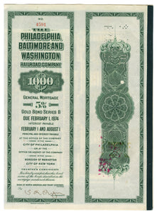 1918 Philadelphia Baltimore Railroad Company Stock Certificate
