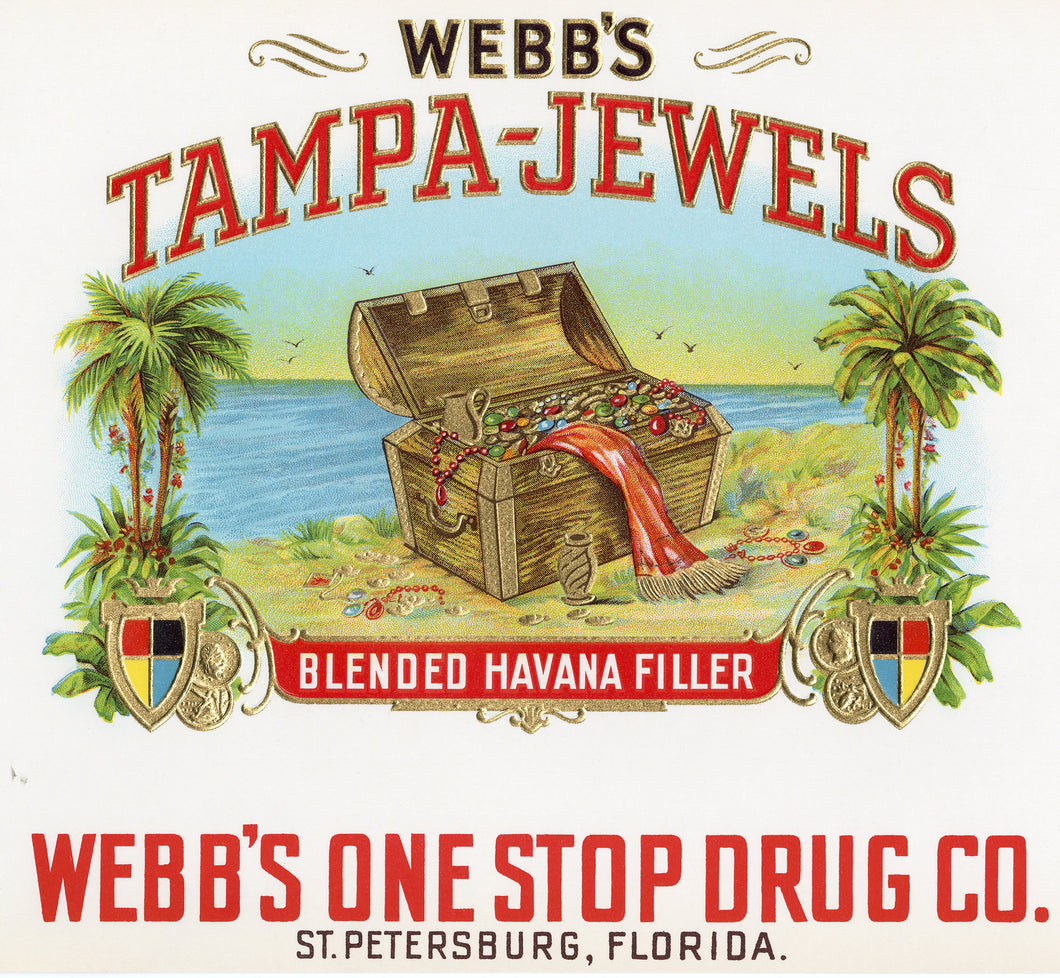 Antique, Unused WEBB'S TAMPA JEWELS Cigar, Tobacco Label || Gold, Embossed