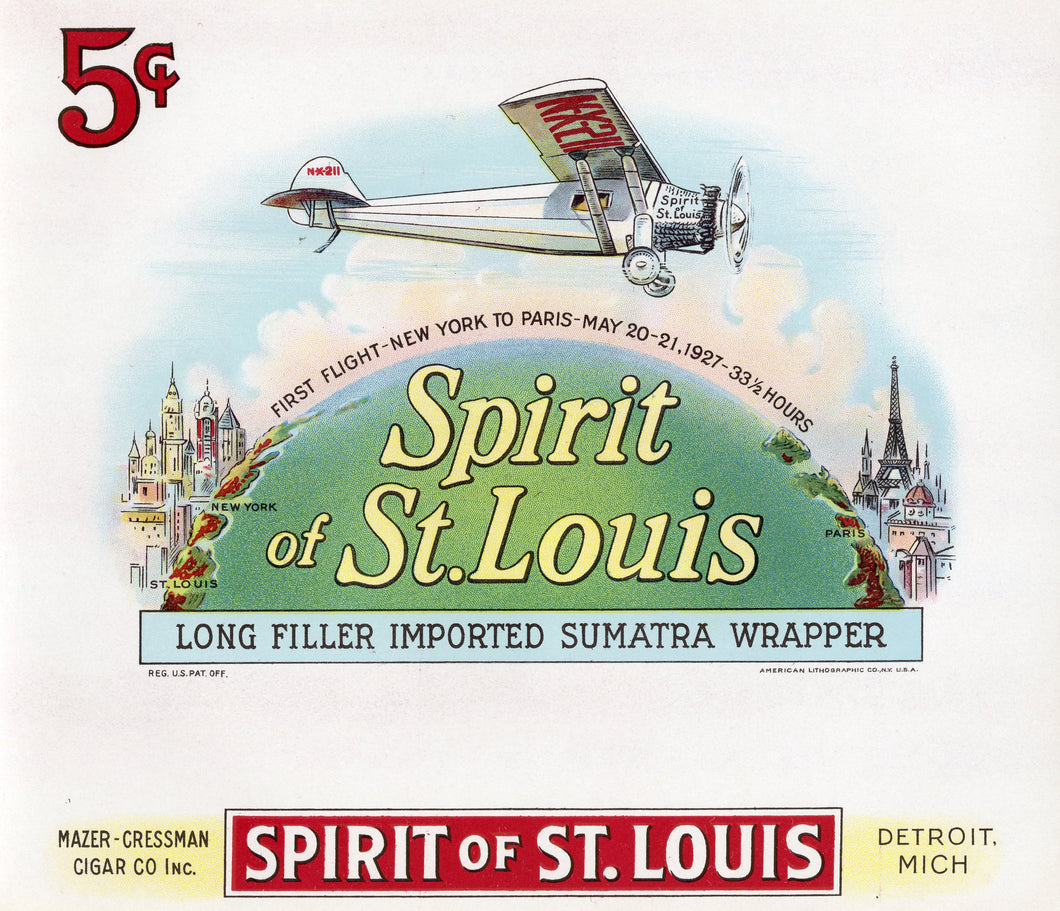 Antique Unused SPIRIT OF ST. LOUIS Cigar, Tobacco Label || Lindbergh, Plane