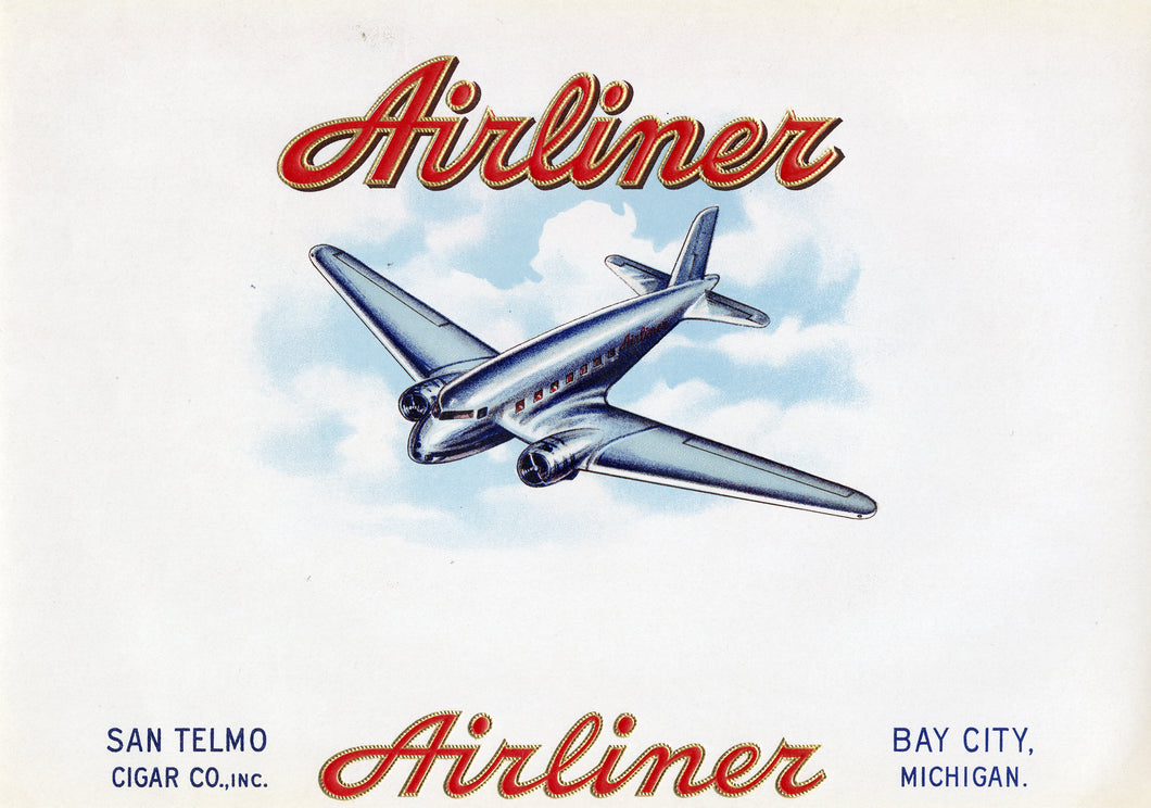 Antique Unused AIRLINER Cigar, Tobacco Label || Gold, Embossed, Plane