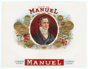 Antique Unused FLOR DE MANUEL Cigar, Tobacco Label || Gold, Embossed