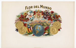 Antique Unused FLOR DEL MUNDO Cigar, Tobacco Label || Gold, Embossed, Flowers