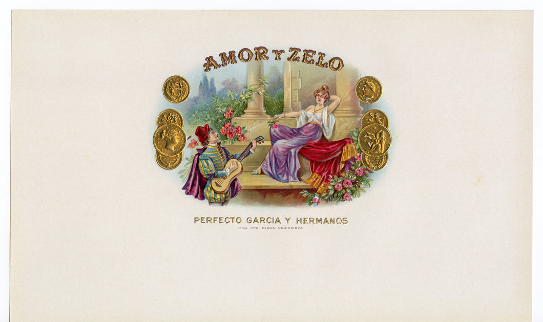 Antique Unused AMOR Y ZELO Cigar, Tobacco Label || Gold, Embossed, Couple