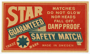 Antique, Unused Star Safety Match Label || Damp Proof