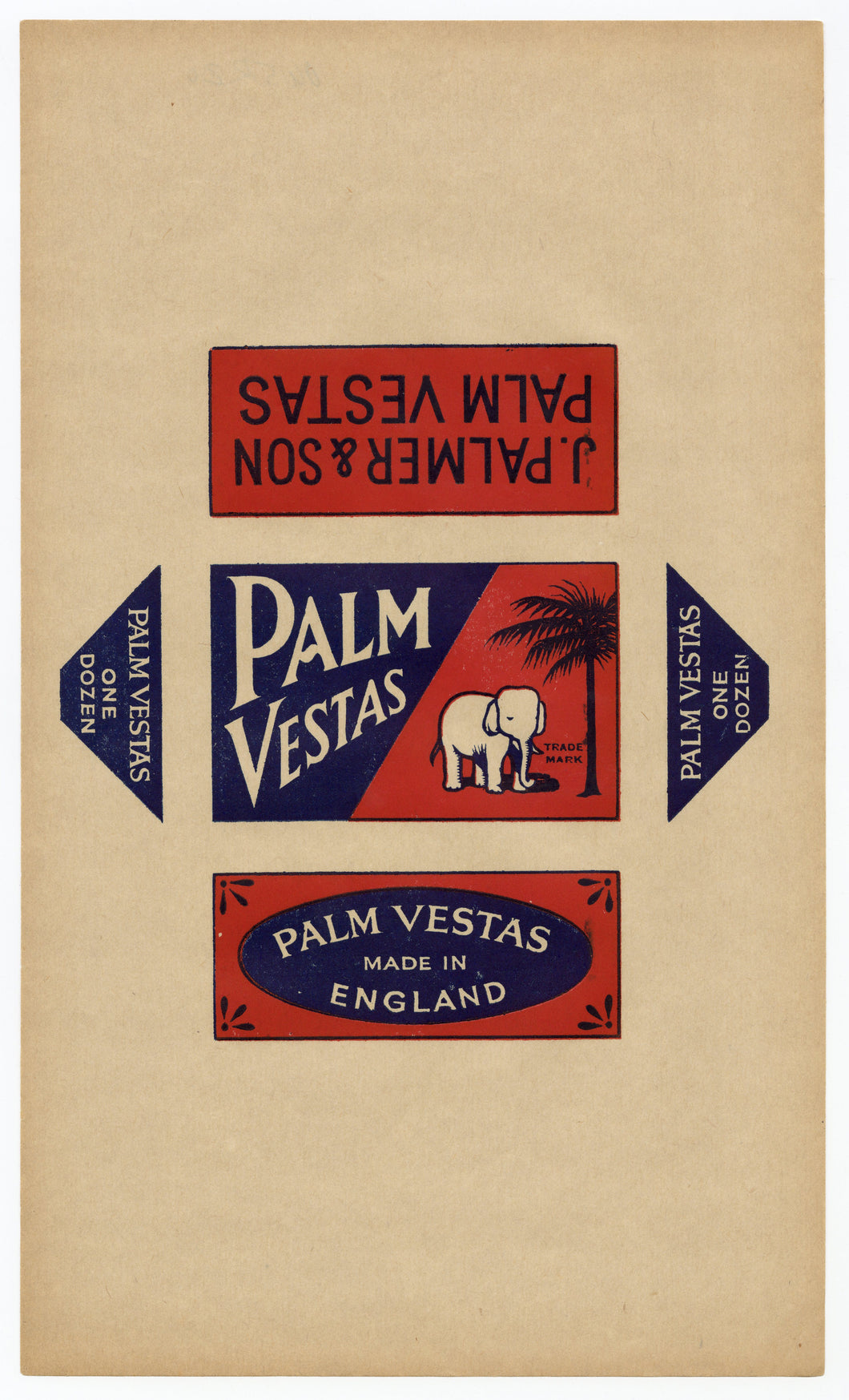 Antique, Unused Palm Vestas Safety Match Label || Elephant & Palm
