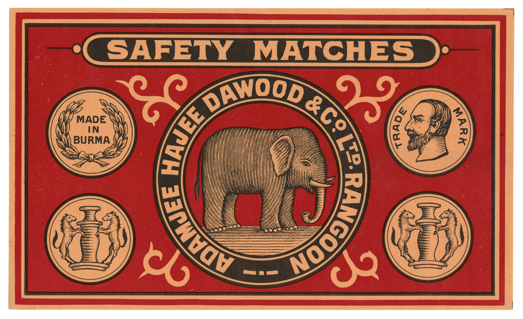 Antique, Unused Burma Made Safety Match Label || Elephant