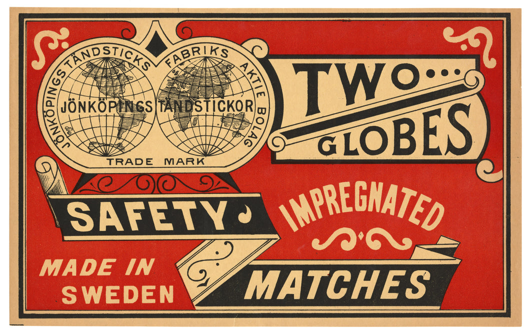 Antique, Unused Two Globes Impregnated Safety Match Label