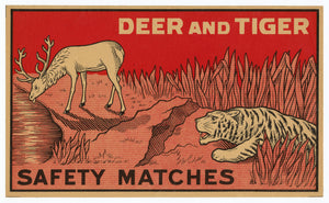 Antique, Unused Deer and Tiger Safety Match Label || Wildlife, Prey, Predator