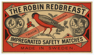 Antique, Unused The Robin Redbreast Safety Match Label || Bird