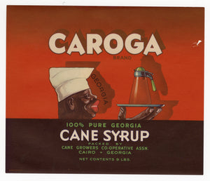 1930's Caroga Georgia Corn Syrup Unused Label || Cairo, Georgia, Black Chef