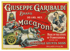 1920's Unused Giuseppe Garibaldi Brand Macaroni Label || Pennsylvania