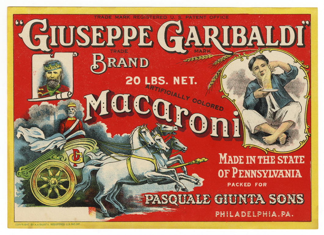 1920's Unused Giuseppe Garibaldi Brand Macaroni Label || Pennsylvania