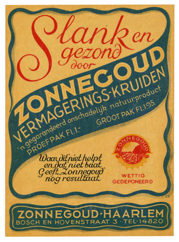 Antique, Unused German Zonnegoud Slimming Herbs Label, Weight Loss Cure