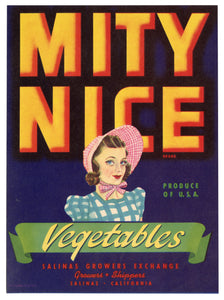 Vintage, Unused MITY NICE Vegetable Crate Label || Salinas, Ca.
