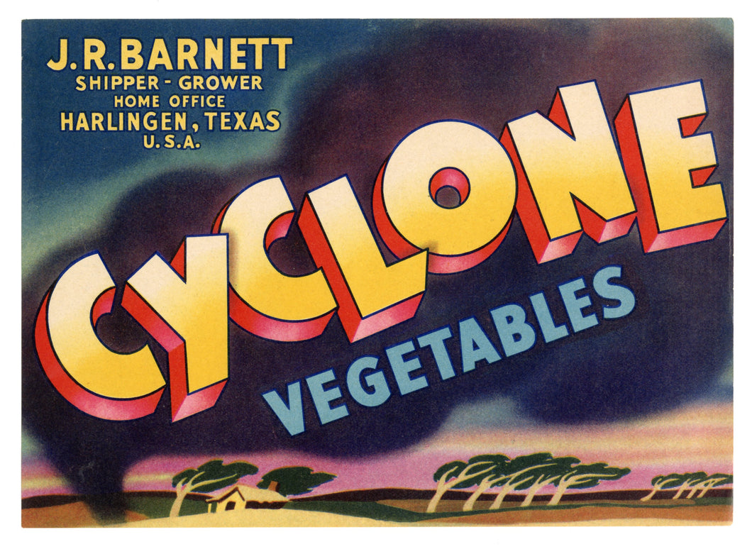 Vintage, Unused CYCLONE Vegetable Crate Label || Harlingen, Texas