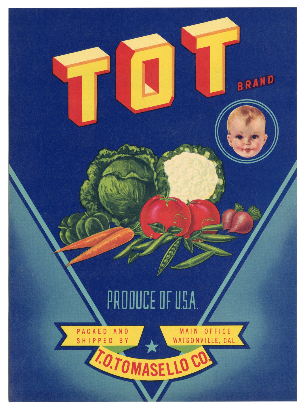 Vintage, Unused TOT Brand Vegetable Crate Label || Watsonville, Ca.