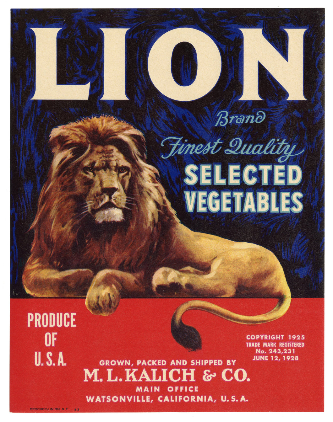 Vintage, Unused LION Vegetable Crate Label || Watsonville, Ca.