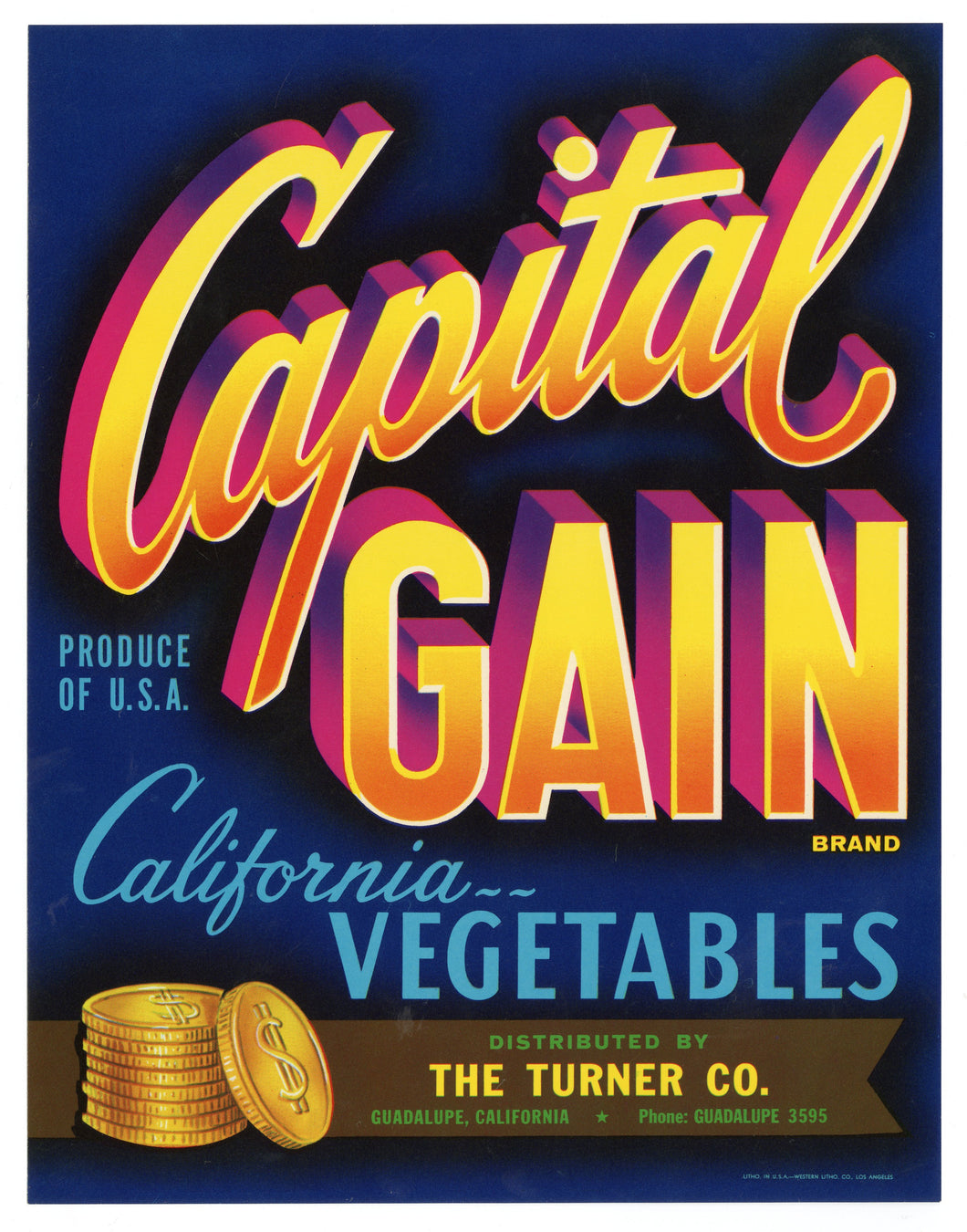 Vintage, Unused CAPITAL GAIN Vegetable Crate Label || Guadalupe, Ca.