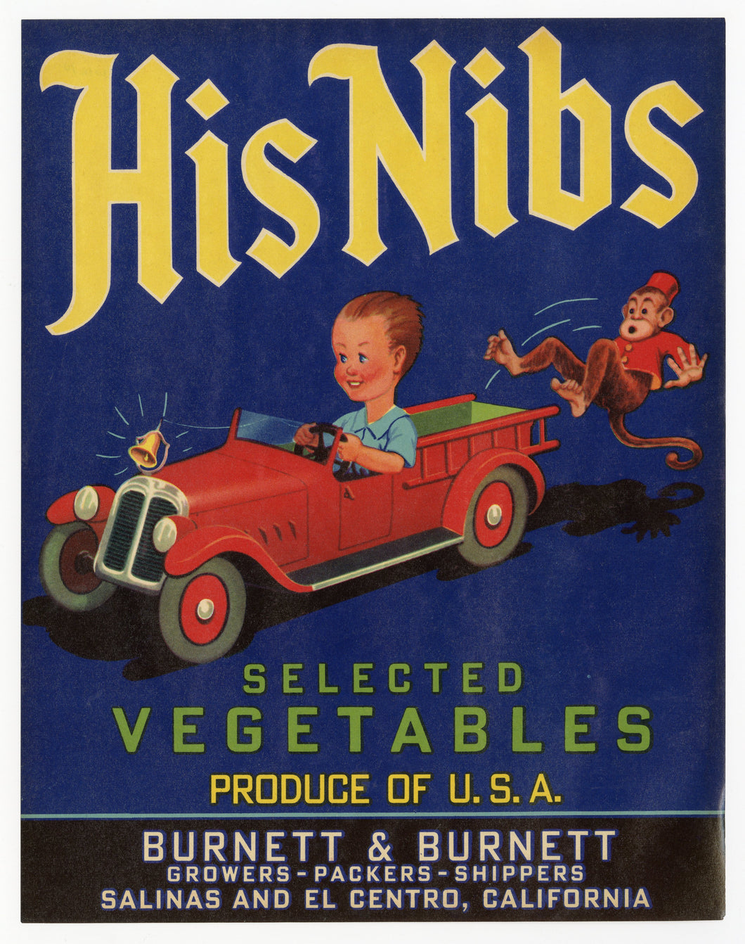 Vintage, Unused HIS NIBS Selected Vegetable Crate Label || Salinas, El Centro, Ca.