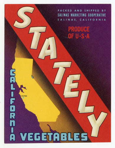 Vintage, Unused STATELY Vegetable Crate Label || Salinas, CA.