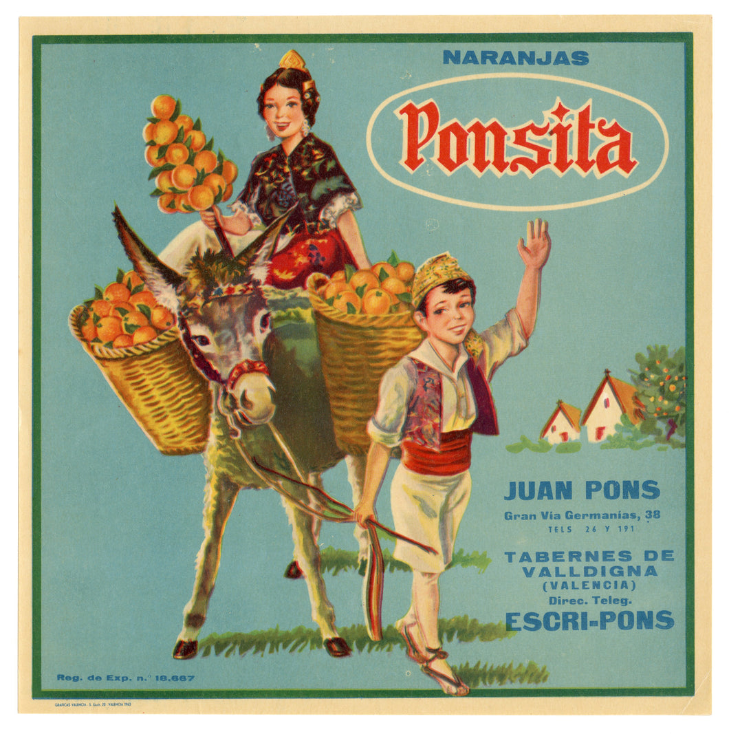 Vintage, Unused Spanish PONSITA Oranges Fruit Crate Label