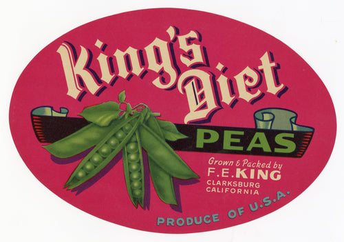Vintage, Unused KING'S DIET PEAS Vegetable Crate Label || Clarksburg, Ca.
