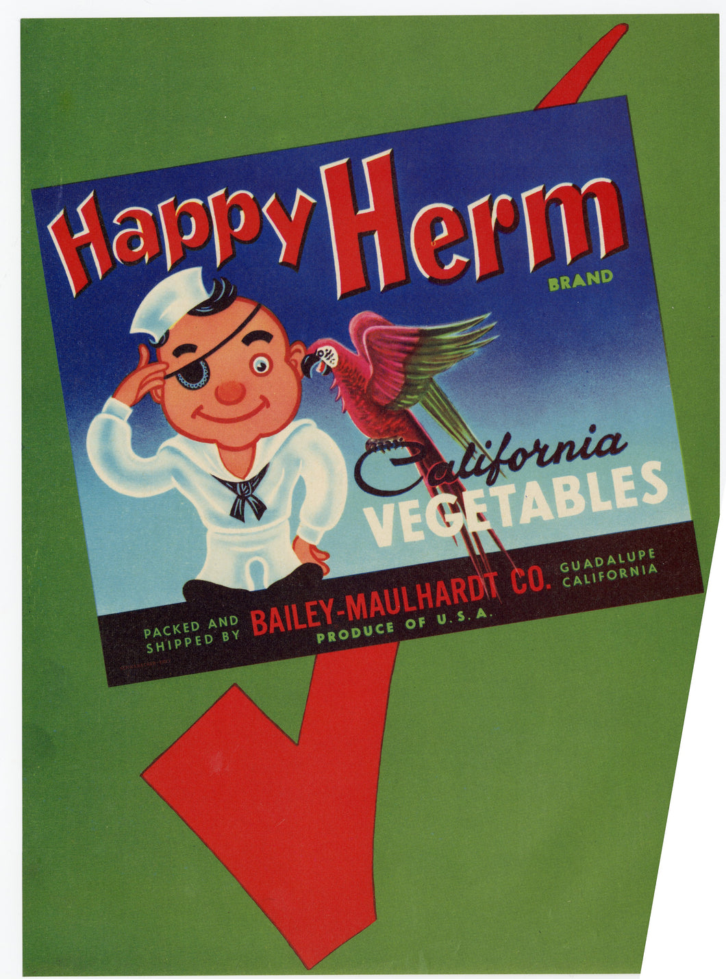 Vintage, Unused HAPPY HERM Vegetable Crate Label || Guadalupe, Ca.