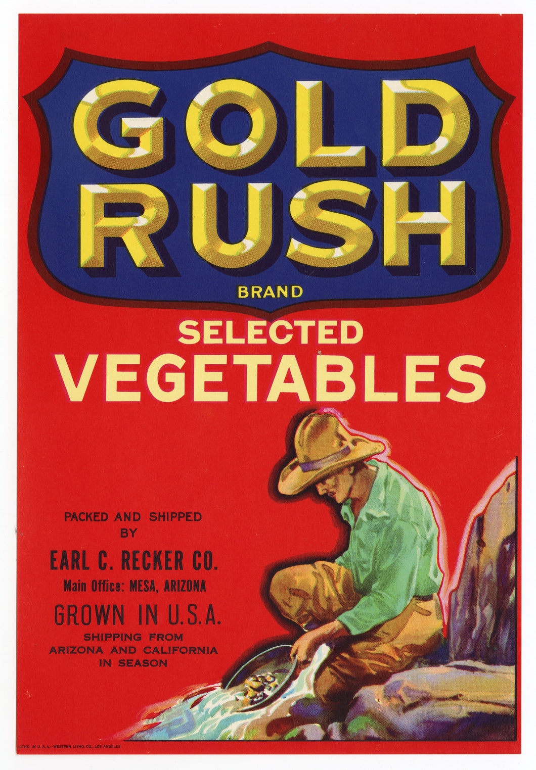 Vintage, Unused GOLD RUSH Brand Vegatable Label || Mesa, Az.
