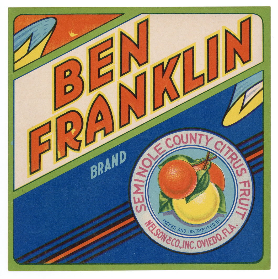 Vintage, Unused BEN FRANKLIN Brand Citrus Label || Oviedo, Fla.