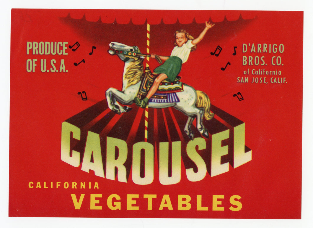 Vintage, Unused CAROUSEL Vegetable Crate Label || San Jose, Ca.
