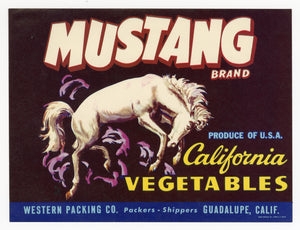 Vintage, Unused MUSTANG Brand Vegetable Crate Label || Guadalupe, Ca.