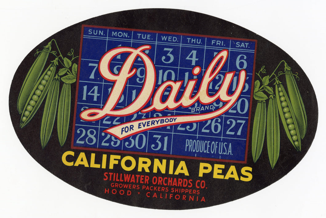 Vintage, Unused DAILY Peas, Vegetable Label || Hood, Ca.