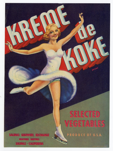 Vintage, Unused KREME DE KOKE Vegetable Label, Ice Skater || Salinas, Ca.