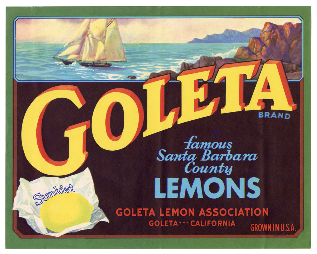 Vintage. Unused GOLETA Brand Lemon Fruit Crate Label || Goleta, Ca.