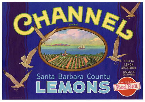Vintage, Unused CHANNEL Lemon Fruit Crate Label || Santa Barbara, Goleta, Ca.