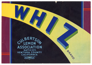 Vintage, Unused WHIZ Brand Lemon Fruit Crate Label || Saticoy, Ca.