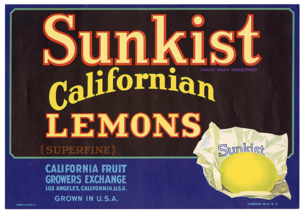 Vintage, Unused SUNKIST Lemon Fruit Crate Label || Los Angeles, Ca.