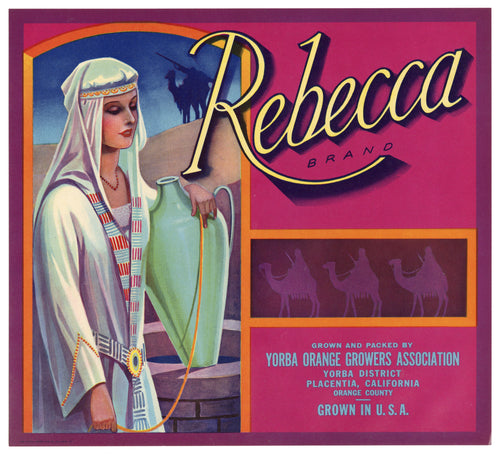 Vintage, Unused REBECCA Orange Fruit Crate Label, Biblical || Yorba, Placentia, Ca.