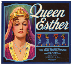 Vintage, Unused QUEEN ESTHER Citrus Fruit Crate Label, Biblical || Yorba, Placentia, Ca.