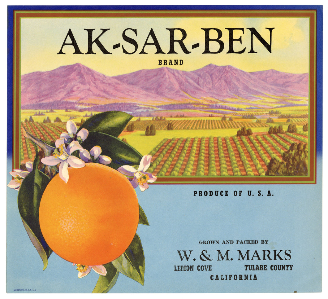 Vintage, Unused AK-SAR-BEN Citrus Fruit Crate Label || Lemon Cove, Tulare, Ca.