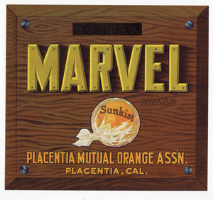 Vintage, Unused MARVEL Orange Fruit Crate Label || Placentia, Ca.