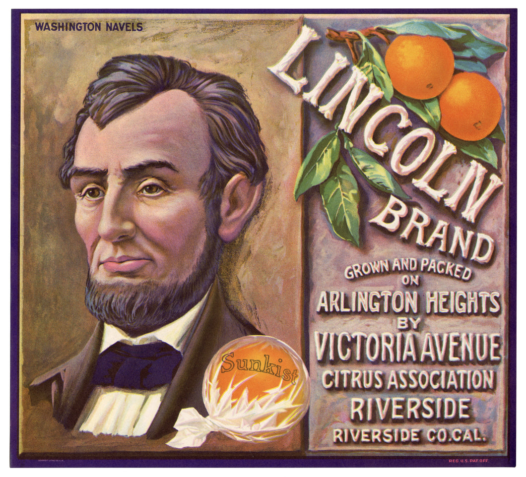 Vintage, Unused President LINCOLN Brand Orange Fruit Crate Label || Riverside, Ca.