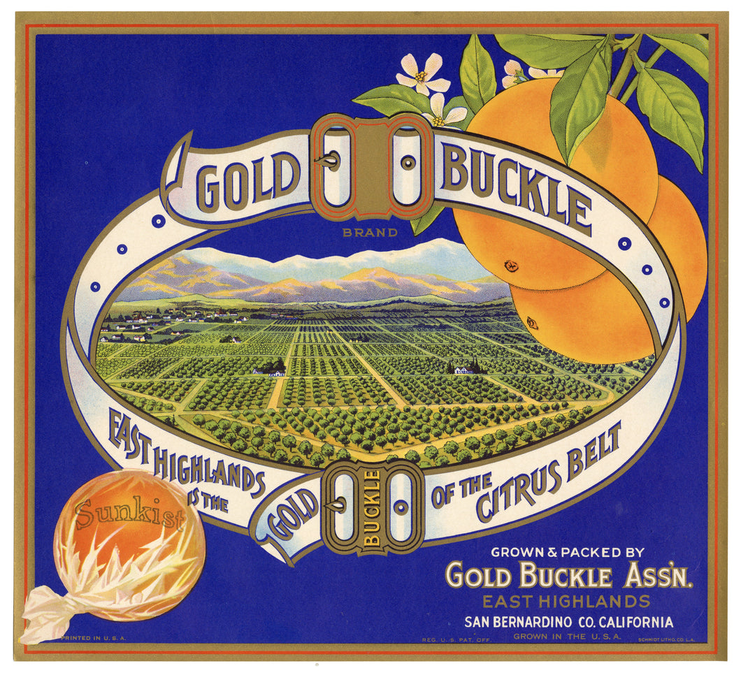 Vintage, Unused GOLD BUCKLE Citrus Fruit Crate Label || East Highlands, San Bernardino, Ca.