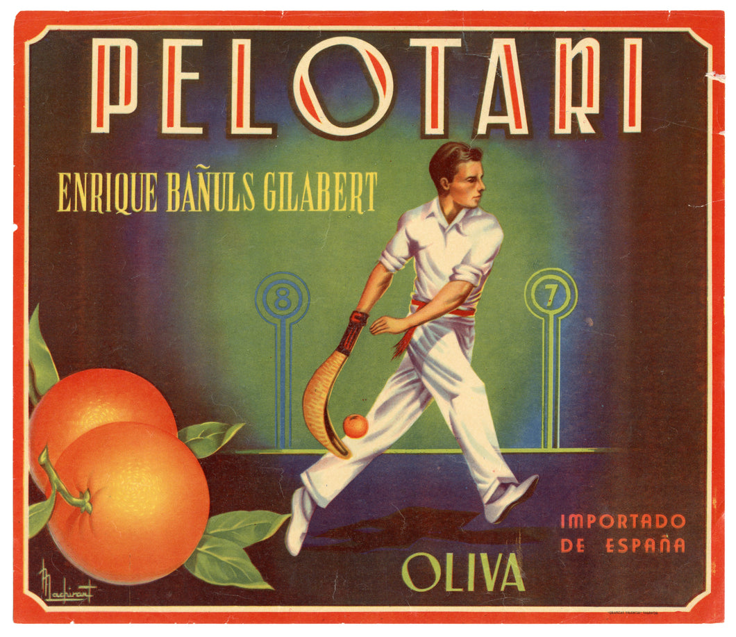 Vintage, Unused Spanish PELOTARI Orange Fruit Crate Label || Enrique Banuls Gilabert