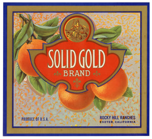 Vintage, Unused SOLID GOLD Brand Orange Fruit Crate Label || Exeter, Ca.