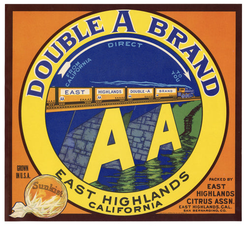 Vintage, Unused DOUBLE A Brand  Citrus Fruit Crate Label || East Highlands, Ca.